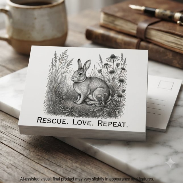 Öm kolteckning Kaninräddning Vykort (Charcoal rabbit sketch postcard for rescue advocates and animal shelter volunteers.)