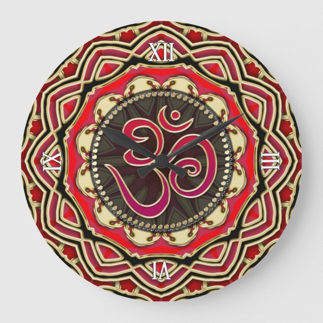 OM Meditation Yoga Red Guld Mandala Wall Clock Stor Klocka (Framsida)