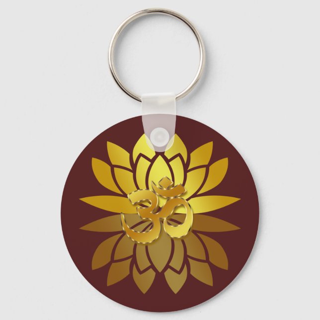OM Omkara och Guld Färgad Lotus Flower Nyckelring (Framsida)