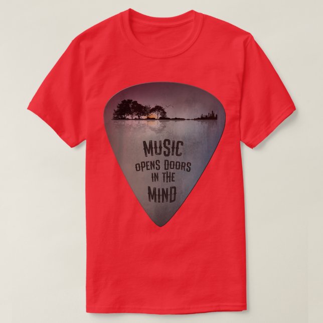 OM reflektioner Mu mellan Gitarr Plektrum och Sjö T Shirt (Design framsida)