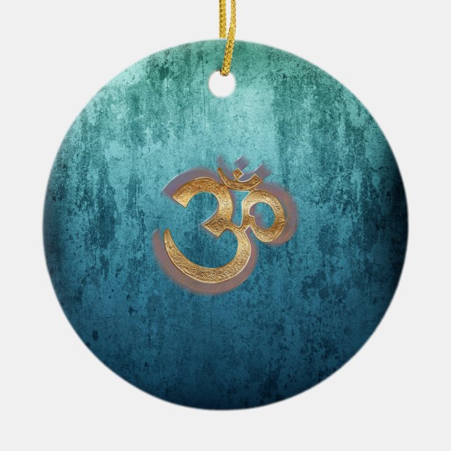 OM slösar mässingsguld- damastast Asien Yoga Julgransprydnad Keramik (Framsidan)