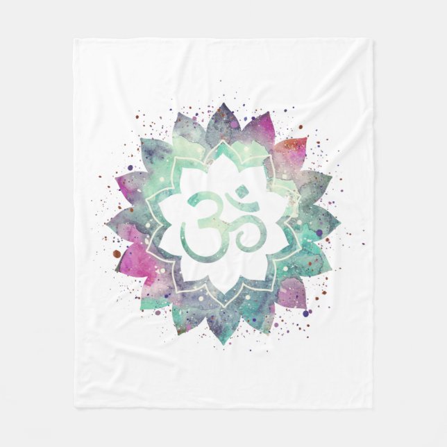 *~* OM Symbol Flower Lotus Mandala White Teal Fleecefilt (Framsidan)