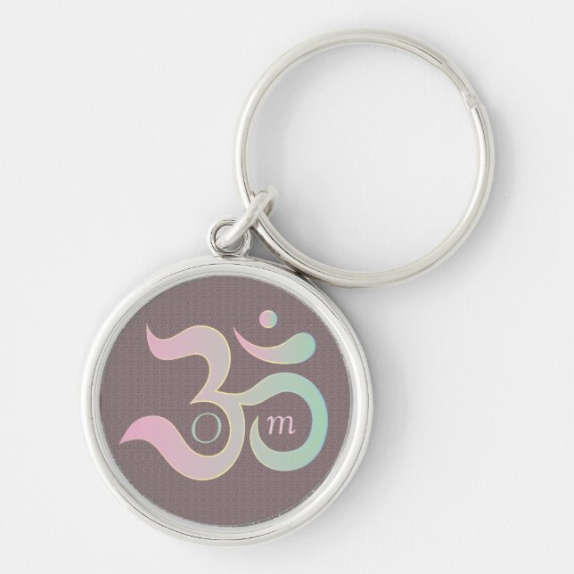 Om-symbol i Sanskrit pastel rosa grönt mauve Rund Silverfärgad Nyckelring (Framsidan)