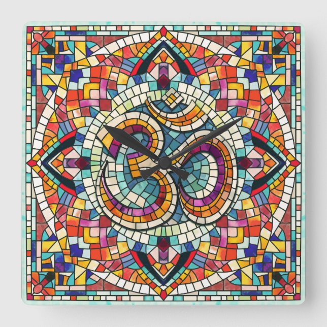 OM Symbol Lotus Mandala Mosaic Fyrkantig Klocka (Framsida)