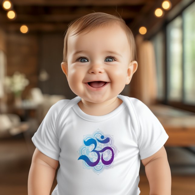 Om Symbol Mandala Flower White T Shirt (Cute White Body Suit with Purple and Blue Om Mandala. Great gift for Yoga Moms!)