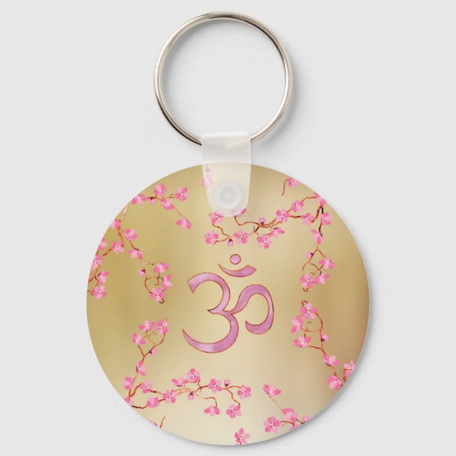 OM-symbol med mjuk pastellblomma rosa träd Nyckelring (Framsida)