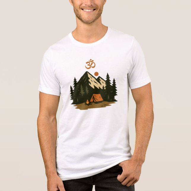 "Om" Symbol Mountain Camping Scene T Shirt (Framsida)