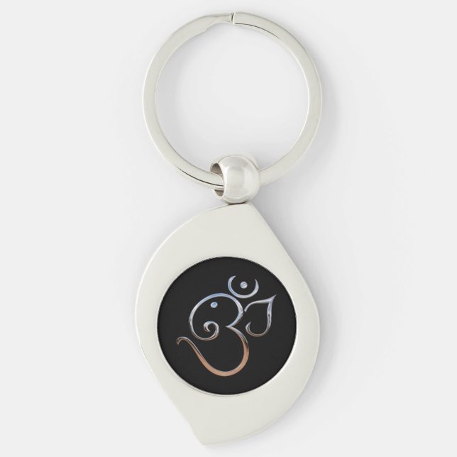 Om-symbol Swirl Silverfärgad Nyckelring (Framsidan)