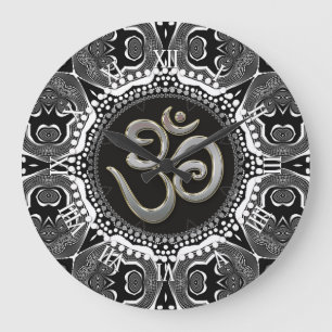 OM Symbol Yoga Black White Tribal Mandala Clock Stor Klocka