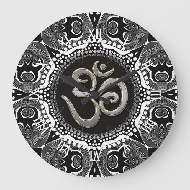 OM Symbol Yoga Black White Tribal Mandala Clock Stor Klocka (Framsida)