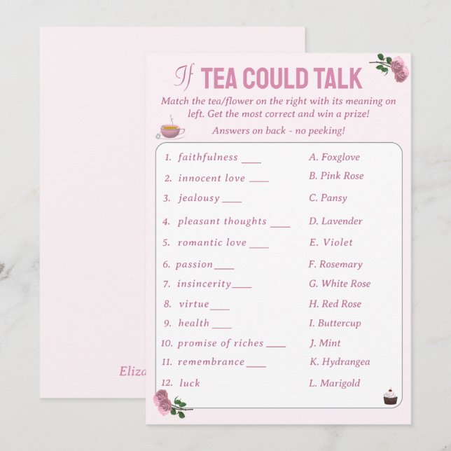 Om Tea kunde prata om Möhippa Tea Party Game Rådkort (Fram/baksida)