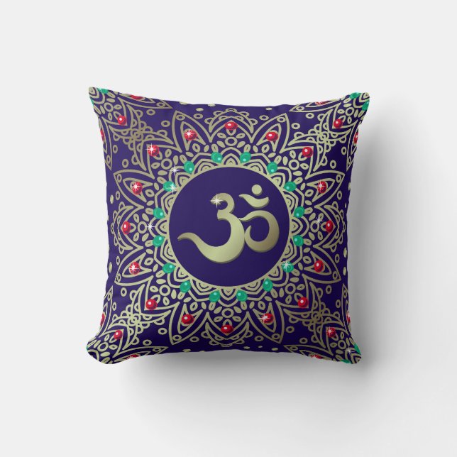 Om Yoga Symbol Mandala Blue Red Teal Kudde (Framsida)