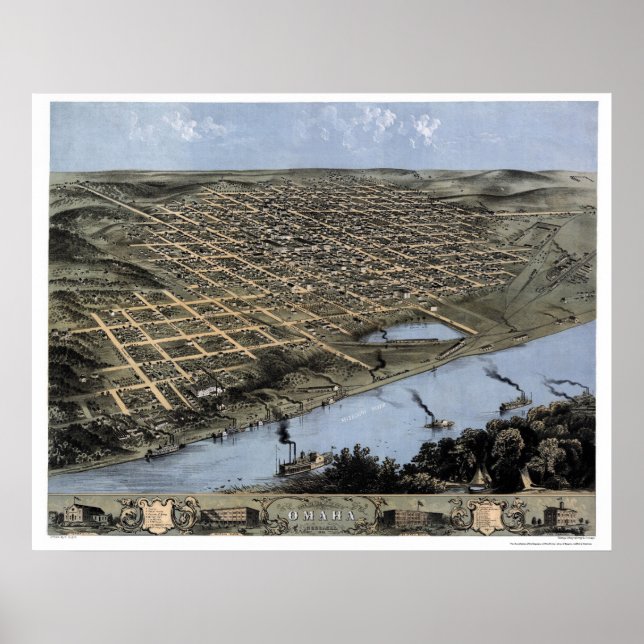 Omaha, NE Panoramic Karta - 1868 Poster (Framsidan)