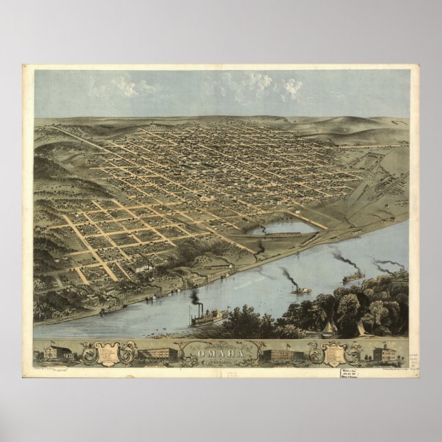 Omaha Nebraska 1868 Antique Panoramic Karta Poster (Framsidan)
