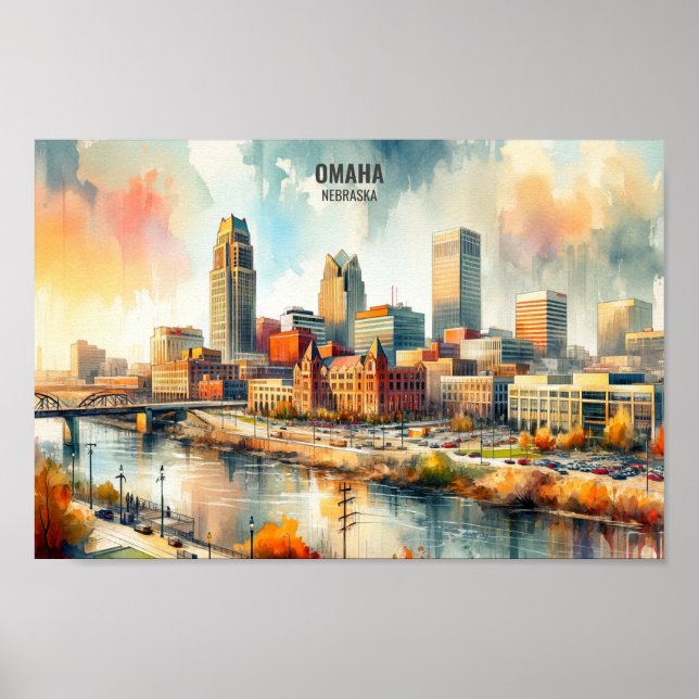 Omaha Nebraska Berömd Travel Ställe vattenfärg Poster (Framsidan)