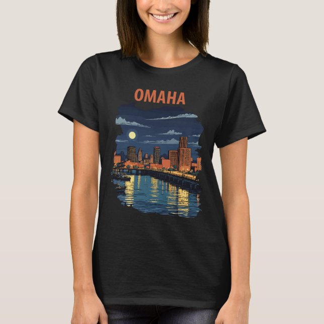 Omaha Nebraska Siluett Flod Natt Resa T Shirt (Framsida)