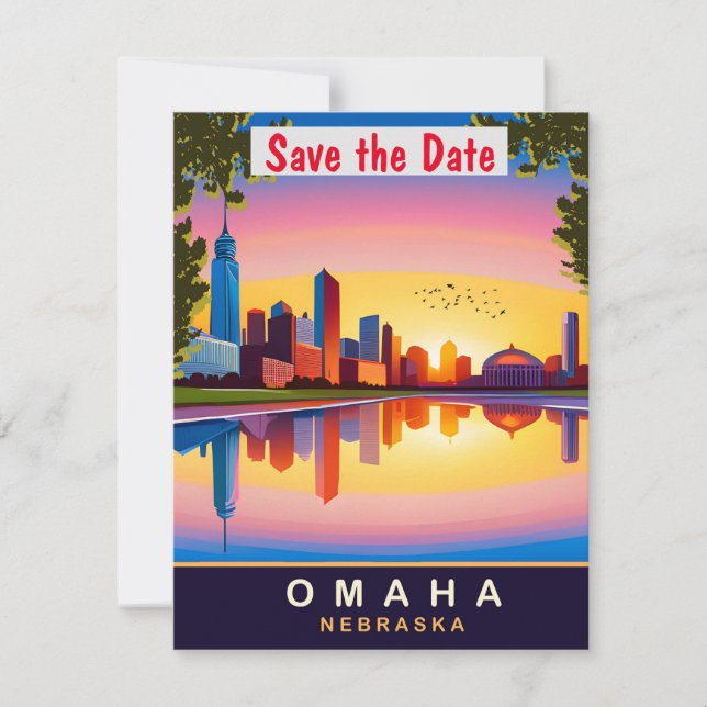 Omaha Nebraska Siluett Retro Bröllopsinbjudan Spara Datumet (Framsida)