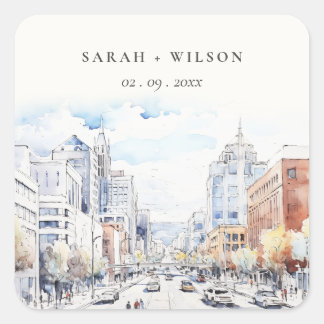 Omaha Nebraska Watercolor Landscape Wedding Fyrkantigt Klistermärke