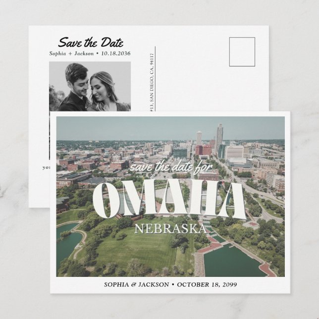 Omaha Wedding Save the Date Retro Skyline Vykort (Fram/baksida)