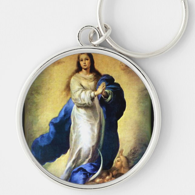 Omakulat Conception of Virgin Mary - Murillo Rund Silverfärgad Nyckelring (Framsidan)