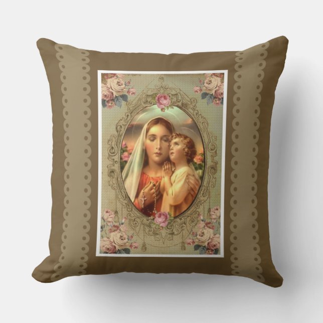 Omakulerat Heart Mary Child Jesus Rosary ro Kudde (Framsida)