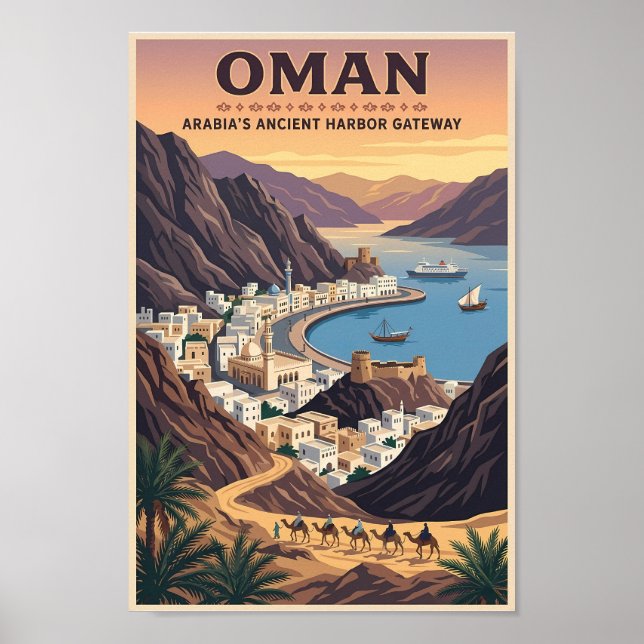 Oman Landskapsillustration Resa Konst Vintage Poster (Framsidan)