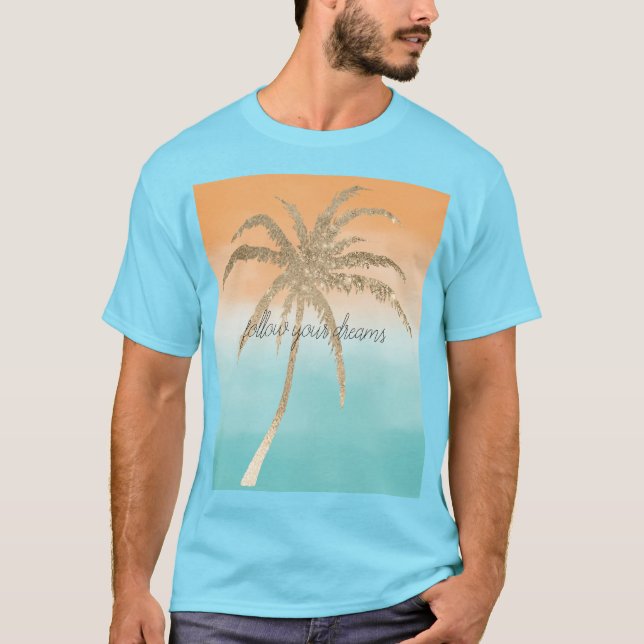 Omber om Aqua Peach Guld Tropical Handflatan Träd  T Shirt (Framsida)