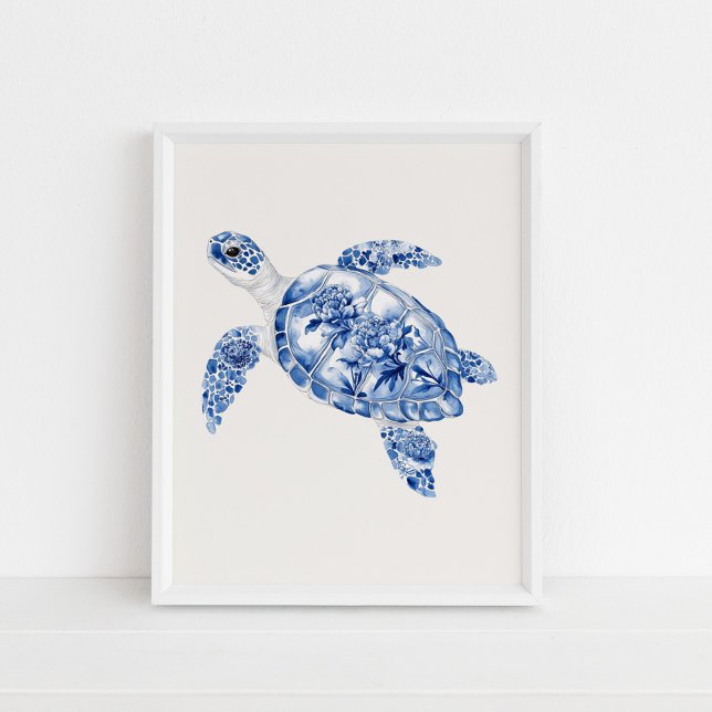 Ombord - Turtle - Coastal Blue on Beige Poster (Overhead Sea Turtle – Coastal Blue on Beige Poster in a white frame on the floor)