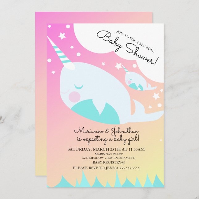 Ombre Baby Shower Narwhale och Baby Magic Invita Inbjudningar (Fram/baksida)