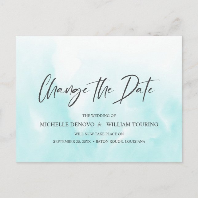 Ombre Blå Elegant Handskriven Ändra datum Meddelande Vykort (Framsida)