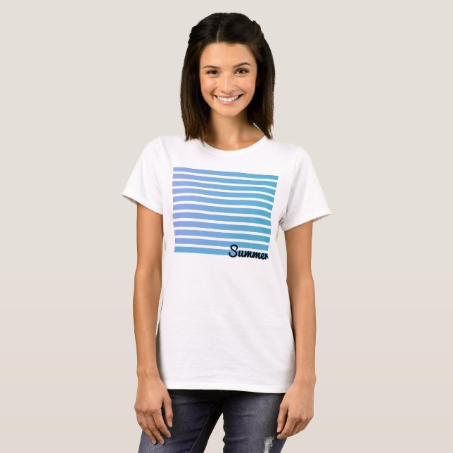 Ombre Blåa Ränder Sommar T Shirt (Hel framsida)