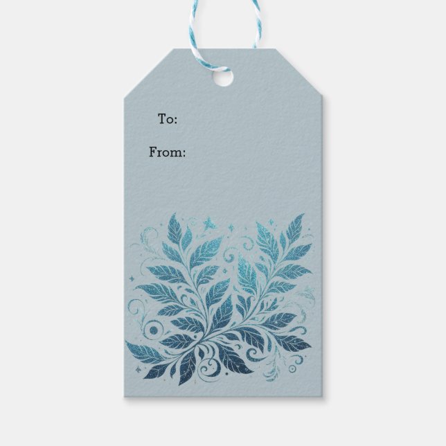 Ombre Blue Filigree Löv Mönster Presentetikett (Framsidan)