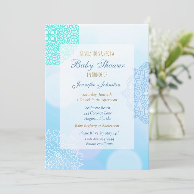 Ombre Blue, Teal and White Mandala Baby Shower Inbjudningar (Stående Fram)