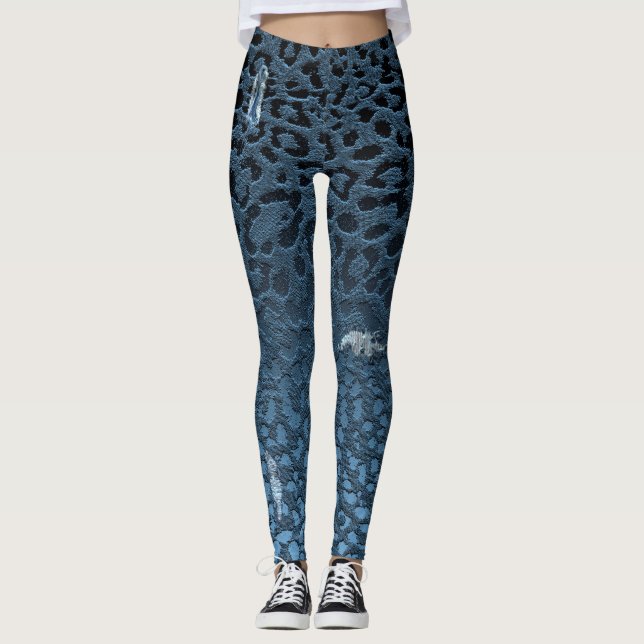 Ombre Denim Jean Blue Digital Ripping Leopard Prin Leggings (Framsida)