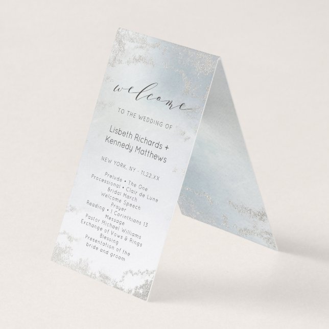 Ombre Dusty Blue Frosted Bröllop Ceremony Program Kort (Framsida)