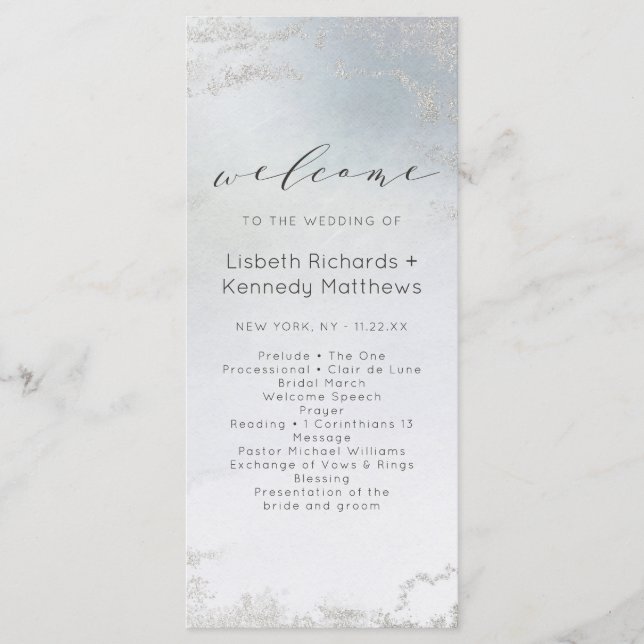 Ombre Dusty Blue Frosted Silver Bröllop Ceremony Program (Framsida)