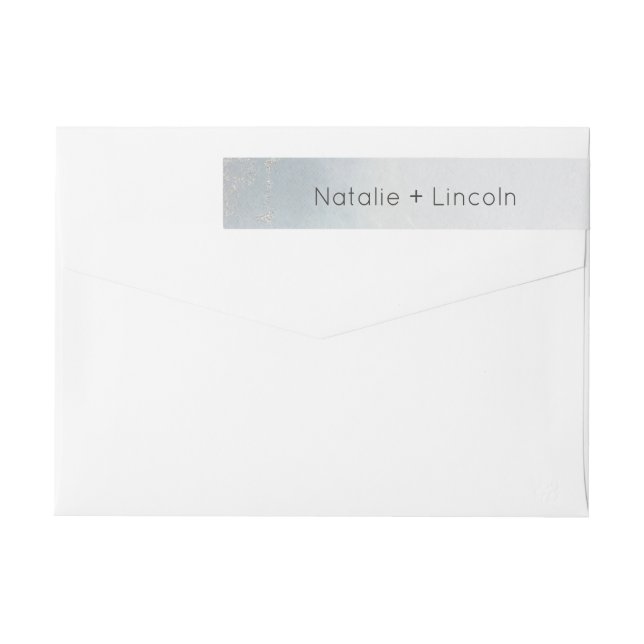 Ombre Dusty Blue Frosted Silver Foil Chic Bröllop Etikettband (Baksidan)