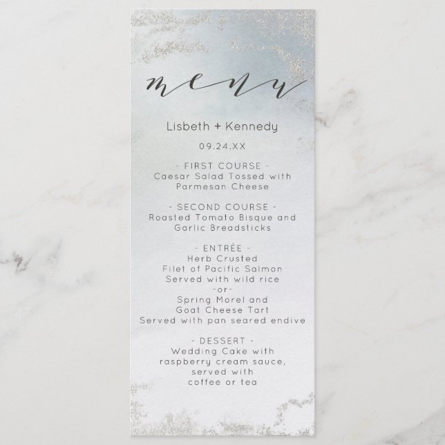 Ombre Dusty Blue Frosted Silver Foil Luxe Dinner Meny (Framsida)