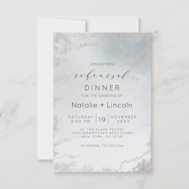 Ombre Dusty Blue Frosted Silver Rehearsal Dinner Inbjudningar (Framsida)
