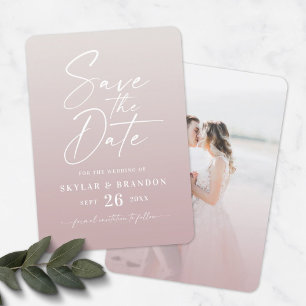 Ombre Dusty Mauve Ivory med skript Photo Bröllop Spara Datumet