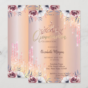 Ombre Glitter Drop Tiara Blommig Quinceañera Inbjudningar