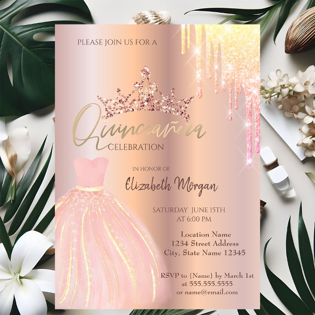 Ombre Glitter Drop Tiara Dress Quinceañera Inbjudningar (Skapare uppladdad)