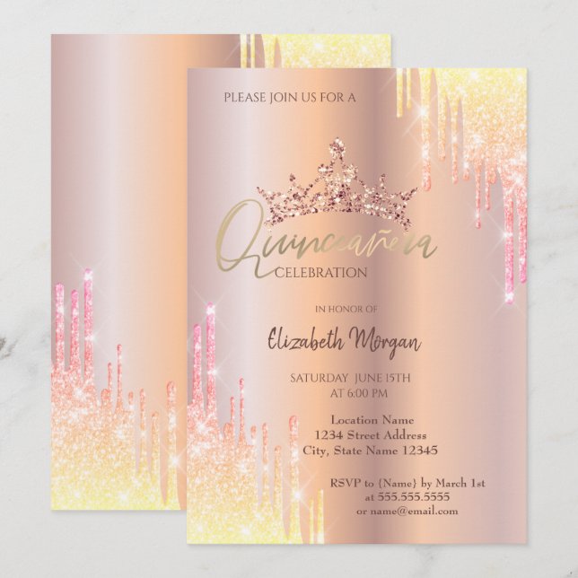 Ombre Glitter Drop Tiara Ro Guld Quinceañera Inbjudningar (Fram/baksida)