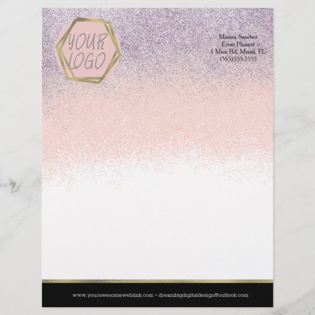 Ombre Glitter Logotyp Branding Rosa Lila Brevhuvud (Framsida)
