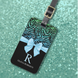 Ombre Glitter Zebra Blue Bow Monogram Bagagebricka