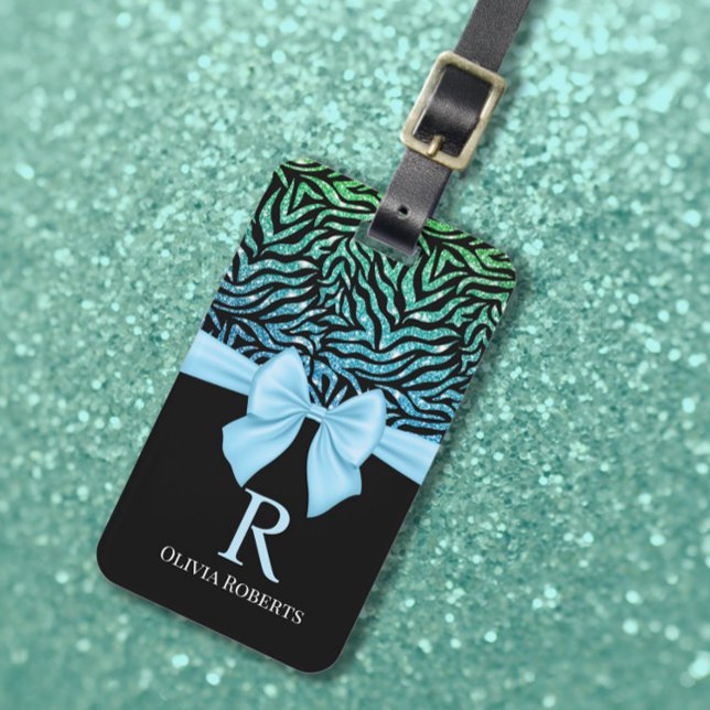 Ombre Glitter Zebra Blue Bow Monogram Bagagebricka (Skapare uppladdad)