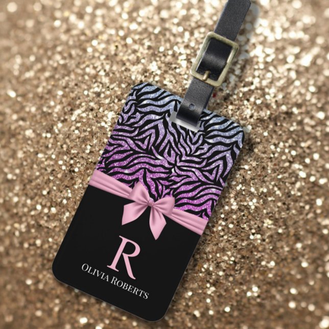 Ombre Glitter Zebra Rosa Bow Monogram Bagagebricka (Skapare uppladdad)