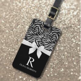 Ombre Glitter Zebra White Bow Monogram Bagagebricka