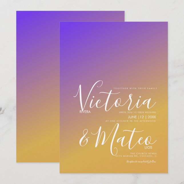 Ombre-gradient lila-gul bröllopsinbjudan inbjudningar (Fram/baksida)