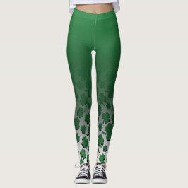 Ombre & grönt över svart Shamrockmönster på vit Leggings
